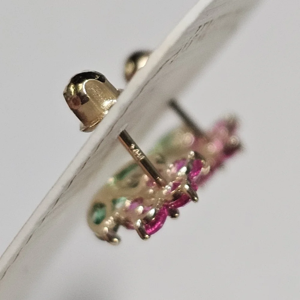 14KT Italian Gold Pink and Green Flower CZ Stud Screw Back Earrings
